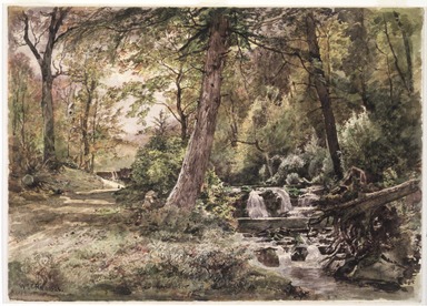 William Trost Richards (American, 1833-1905). <em>Landscape with Stream and Road, Chester County</em>, ca. 1886. Watercolor over graphite on off-white, moderately thick, moderately textured wove paper, 10 x 13 15/16 in. (25.4 x 35.4cm). Brooklyn Museum, Gift of Edith Ballinger Price, 1993.212.4 (Photo: Brooklyn Museum, 1993.212.4_transp3362.jpg)
