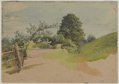 William Trost Richards (American, 1833-1905). <em>Landscape with Fence</em>, 1870s-1880s. Transparent and opaque watercolor over graphite on dark beige, moderately thick, slightly textured wove paper, 10 x 14 in. (25.4 x 35.6 cm). Brooklyn Museum, Gift of Edith Ballinger Price, 1993.212.5 (Photo: Brooklyn Museum, 1993.212.5_PS9.jpg)