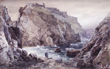 William Trost Richards (American, 1833-1905). <em>Seascape with Two Figures: Tintagel, Cornwall, England</em>, 1878-1880. Watercolor over graphite on paper, 6 1/2 x 10 in. (16.5 x 25.4 cm). Brooklyn Museum, Gift of Edith Ballinger Price, 1993.212.7 (Photo: Brooklyn Museum, 1993.212.7_transp3364_cropped.jpg)