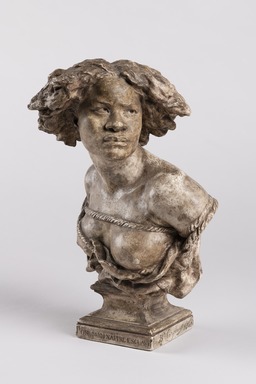 Jean-Baptiste Carpeaux (French, 1827&ndash;1875). <em>Why Born Enslaved!</em>, 1868. Plaster with patina; red stone base, sculpture: 13 3/4 &times; 9 1/4 &times; 7 in. (34.9 &times; 23.5 &times; 17.8 cm). Brooklyn Museum, Gift of Benno Bordiga, by exchange and Mary Smith Dorward Fund, 1993.83a-b. Creative Commons-BY (Photo: Brooklyn Museum, 1993.83a_overall01_PS22.jpg)