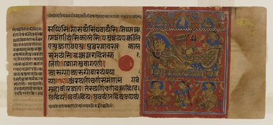  <em>Page 39 from a manuscript of the Kalpasutra: recto image of Trishala reclining, verso text</em>, 1472. Opaque watercolor and ink on gold leaf on paper, sheet: height: 4 3/8 in. Brooklyn Museum, Gift of Dr. Bertram H. Schaffner, 1994.11.47 (Photo: Brooklyn Museum, 1994.11.47_IMLS_PS4.jpg)
