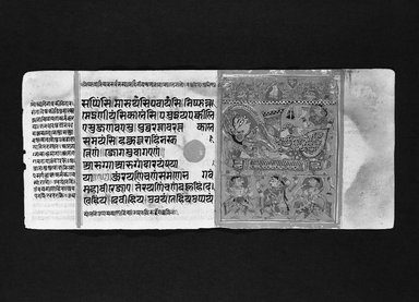  <em>Page 71 from a manuscript of the Kalpasutra: recto image of Marudevi (Rishabanatha's mother) reclining, verso text</em>, 1472. Opaque watercolor and ink on gold leaf on paper, sheet: height: 4 3/8 in. Brooklyn Museum, Gift of Dr. Bertram H. Schaffner, 1994.11.79 (Photo: Brooklyn Museum, 1994.11.79_bw.jpg)