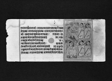  <em>Page 86 from a manuscript of the Kalpasutra: recto text, verso image of monk preaching</em>, 1472. Opaque watercolor and ink on gold leaf on paper, sheet: height: 4 3/8 in. Brooklyn Museum, Gift of Dr. Bertram H. Schaffner, 1994.11.94 (Photo: Brooklyn Museum, 1994.11.94_bw.jpg)