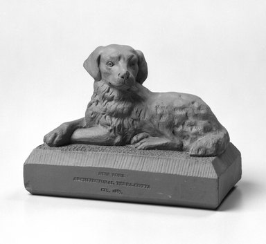 New York Architectural Terra Cotta Company (1886-1932). <em>Figure of a Dog</em>, ca. 1887. Earthenware, 3 1/4 x 4 1/2 x 2 1/4 in.  (8.3 x 11.4 x 5.7 cm). Brooklyn Museum, H. Randolph Lever Fund, 1994.152.1. Creative Commons-BY (Photo: Brooklyn Museum, 1994.152.1a_bw.jpg)