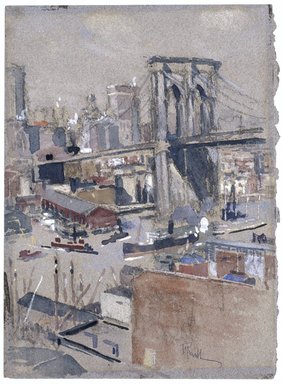 Joseph Pennell (American, 1860-1926). <em>Brooklyn Bridge</em>, before 1921. Transparent and opaque watercolor and black chalk on gray-blue, moderately thick, rough and pitted-textured wove paper, 13 5/8 x 10 1/16 in. (34.6 x 25.6 cm). Brooklyn Museum, Gift of Jerome B. and Renee Weinstein, 1994.166 (Photo: Brooklyn Museum, 1994.166_SL1.jpg)
