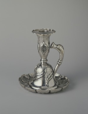Tiffany & Company (American, founded 1853). <em>Chamberstick</em>, 1889. Silver and niello, 5 x 4 5/8 x 4 5/8 in. (12.8 x 11.8 x 11.8 cm). Brooklyn Museum, Marie Bernice Bitzer Fund, 1994.17.1a-b. Creative Commons-BY (Photo: Brooklyn Museum, 1994.17.1_SL3.jpg)