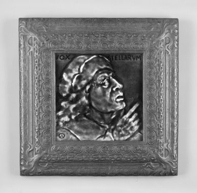 J. & J. G. Low Art Tile Works (1877–1907). <em>Vox Stellarum Tile and Frame</em>, 1881 (tile copyright); 1883 (frame copyright). Glazed earthenware, cast iron, (a) Tile: 6 1/8 x 6 1/8 x 7/16 in. (15.6 x 15.6 x 1.1 cm). Brooklyn Museum, Marie Bernice Bitzer Fund, 1994.56a-b. Creative Commons-BY (Photo: Brooklyn Museum, 1994.56a-b_front_bw.jpg)