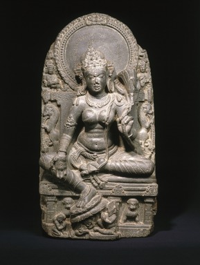  <em>Seated Tara</em>, 9th century. Black schist, 30 1/4 x 15 3/4 x 7 3/4 in., 181 lb. (76.8 x 40 x 19.7 cm, 82.1kg). Brooklyn Museum, Purchased with funds given by Dr. Bertram H. Schaffner, 1995.136. Creative Commons-BY (Photo: Brooklyn Museum, 1995.136_SL1.jpg)