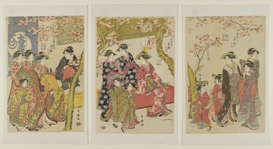 Kitagawa Utamaro (Japanese, 1753-1806). <em>Courtesans Strolling Beneath Cherry Trees Before the Daikokuya Teahouse</em>, probably 1789. Woodblock print, color on paper, 15 3/8 x 10 3/8 in. (39.1 x 26.4 cm). Brooklyn Museum, Gift of the Estate of Charles A. Brandon, by exchange; purchased with funds given by Mr. and Mrs. Richard M. Danziger, Joan Easton, Mrs. Myron S. Falk, Jr., George S. Friedman, Mr. and Mrs. Mark Kingdon, Klaus F. Naumann, Robert Rosenkranz, and Mr. and Mrs. David Young and Asian Art Acquisition Fund, 1995.137a-c (Photo: Brooklyn Museum, 1995.137a-c_PS4.jpg)