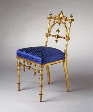 George Jacob Hunzinger (American, born Germany, 1835-1898). <em>Side Chair</em>, ca. 1875. Gilded wood, modern upholstery, 33 1/2 x 16 1/8 x 18 in.  (85.1 x 41.0 x 45.7 cm). Brooklyn Museum, Purchased with funds given by the Louis and Virginia Clemente Foundation, Inc., 1995.145. Creative Commons-BY (Photo: Brooklyn Museum, 1995.145_IMLS_SL2.jpg)