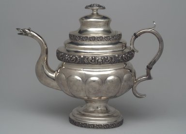 Unknown. <em>Teapot, Part of Three-Piece Set</em>, ca. 1826–1828. Silver, 10 1/2 x 12 1/2 x 5 1/2 in. (26.5 x 31.6 x 14.0 cm). Brooklyn Museum, Gift of Marcelle H. Littell, 1995.151.1. Creative Commons-BY (Photo: Brooklyn Museum, 1995.151.1.jpg)