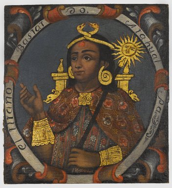 Unknown. <em>Atahualpa, Fourteenth Inca, 1 of 14 Portraits of Inca Kings</em>, Probably mid-18th century. Oil on canvas, 23 5/8 x 21 3/4in. (60 x 55.2cm). Brooklyn Museum, Dick S. Ramsay Fund, Mary Smith Dorward Fund, Marie Bernice Bitzer Fund, Frank L. Babbott Fund, gift of The Roebling Society and the American Art Council, purchased with funds given by an anonymous donor, Maureen and Marshall Cogan, Karen B. Cohen, Georgia and Michael deHavenon, Harry Kahn, Alastair B. Martin, Ted and Connie Roosevelt, Frieda and Milton F. Rosenthal, Sol Schreiber in memory of Ann Schreiber, Joanne Witty and Eugene Keilin, Thomas L. Pulling, Roy J. Zuckerberg, Kitty and Herbert Glantz, Ellen and Leonard L. Milberg, Paul and Thérèse Bernbach, Emma and J. A. Lewis, Florence R. Kingdon, 1995.29.14 (Photo: Brooklyn Museum, 1995.29.14_PS6.jpg)