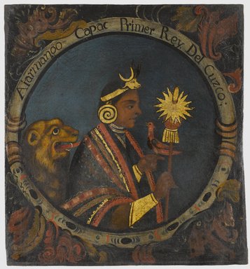 Peruvian. <em>Manco Capac, First Inca, 1 of 14 Portraits of Inca Kings</em>, mid–18th century (probably). Oil on canvas, 23 1/2 x 21 11/16 in. (59.7 x 55.1 cm). Brooklyn Museum, Dick S. Ramsay Fund, Mary Smith Dorward Fund, Marie Bernice Bitzer Fund, Frank L. Babbott Fund, gift of The Roebling Society and the American Art Council, purchased with funds given by an anonymous donor, Maureen and Marshall Cogan, Karen B. Cohen, Georgia and Michael deHavenon, Harry Kahn, Alastair B. Martin, Ted and Connie Roosevelt, Frieda and Milton F. Rosenthal, Sol Schreiber in memory of Ann Schreiber, Joanne Witty and Eugene Keilin, Thomas L. Pulling, Roy J. Zuckerberg, Kitty and Herbert Glantz, Ellen and Leonard L. Milberg, Paul and Thérèse Bernbach, Emma and J. A. Lewis, Florence R. Kingdon, 1995.29.1 (Photo: Brooklyn Museum, 1995.29.1_PS6.jpg)