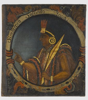 Unknown. <em>Sinchi Roca, Second Inca, 1 of 14 Portraits of Inca Kings</em>, mid-18th century (probably). Oil on canvas, 23 5/8 x 21 11/16in. (60 x 55.1cm). Brooklyn Museum, Dick S. Ramsay Fund, Mary Smith Dorward Fund, Marie Bernice Bitzer Fund, Frank L. Babbott Fund, gift of The Roebling Society and the American Art Council, purchased with funds given by an anonymous donor, Maureen and Marshall Cogan, Karen B. Cohen, Georgia and Michael deHavenon, Harry Kahn, Alastair B. Martin, Ted and Connie Roosevelt, Frieda and Milton F. Rosenthal, Sol Schreiber in memory of Ann Schreiber, Joanne Witty and Eugene Keilin, Thomas L. Pulling, Roy J. Zuckerberg, Kitty and Herbert Glantz, Ellen and Leonard L. Milberg, Paul and Thérèse Bernbach, Emma and J. A. Lewis, Florence R. Kingdon, 1995.29.2 (Photo: Brooklyn Museum, 1995.29.2_PS6.jpg)