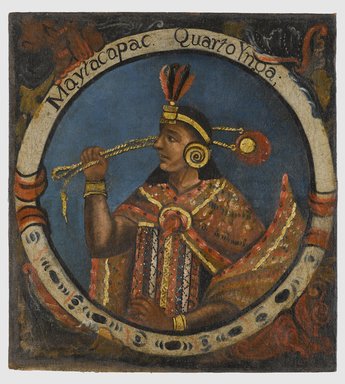 Unknown. <em>Mayta Capac, Fourth Inca, 1 of 14 Portraits of Inca Kings</em>, mid–18th century (probably). Oil on canvas, 23 1/2 x 21 1/2in. (59.7 x 54.6cm). Brooklyn Museum, Dick S. Ramsay Fund, Mary Smith Dorward Fund, Marie Bernice Bitzer Fund, Frank L. Babbott Fund, gift of The Roebling Society and the American Art Council, purchased with funds given by an anonymous donor, Maureen and Marshall Cogan, Karen B. Cohen, Georgia and Michael deHavenon, Harry Kahn, Alastair B. Martin, Ted and Connie Roosevelt, Frieda and Milton F. Rosenthal, Sol Schreiber in memory of Ann Schreiber, Joanne Witty and Eugene Keilin, Thomas L. Pulling, Roy J. Zuckerberg, Kitty and Herbert Glantz, Ellen and Leonard L. Milberg, Paul and Thérèse Bernbach, Emma and J. A. Lewis, Florence R. Kingdon, 1995.29.4 (Photo: Brooklyn Museum, 1995.29.4_PS6.jpg)