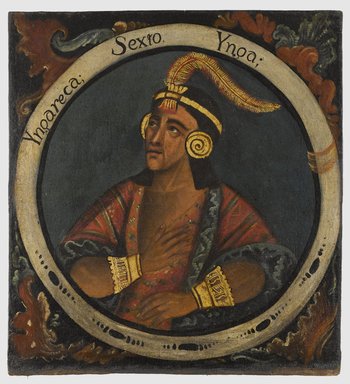 Unknown. <em>Inca Roca, Sixth Inca, 1 of 14 Portraits of Inca Kings</em>, mid–18th century (probably). Oil on canvas, 23 3/8 x 21 1/2in. (59.4 x 54.6cm). Brooklyn Museum, Dick S. Ramsay Fund, Mary Smith Dorward Fund, Marie Bernice Bitzer Fund, Frank L. Babbott Fund, gift of The Roebling Society and the American Art Council, purchased with funds given by an anonymous donor, Maureen and Marshall Cogan, Karen B. Cohen, Georgia and Michael deHavenon, Harry Kahn, Alastair B. Martin, Ted and Connie Roosevelt, Frieda and Milton F. Rosenthal, Sol Schreiber in memory of Ann Schreiber, Joanne Witty and Eugene Keilin, Thomas L. Pulling, Roy J. Zuckerberg, Kitty and Herbert Glantz, Ellen and Leonard L. Milberg, Paul and Thérèse Bernbach, Emma and J. A. Lewis, Florence R. Kingdon, 1995.29.6 (Photo: Brooklyn Museum, 1995.29.6_PS6.jpg)