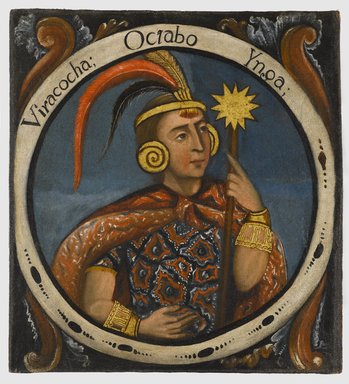 Unknown. <em>Viracocha, Eighth Inca, 1 of 14 Portraits of Inca Kings</em>, mid–18th century (probably). Oil on canvas, 23 3/8 x 21 9/16in. (59.4 x 54.8cm). Brooklyn Museum, Dick S. Ramsay Fund, Mary Smith Dorward Fund, Marie Bernice Bitzer Fund, Frank L. Babbott Fund, gift of The Roebling Society and the American Art Council, purchased with funds given by an anonymous donor, Maureen and Marshall Cogan, Karen B. Cohen, Georgia and Michael deHavenon, Harry Kahn, Alastair B. Martin, Ted and Connie Roosevelt, Frieda and Milton F. Rosenthal, Sol Schreiber in memory of Ann Schreiber, Joanne Witty and Eugene Keilin, Thomas L. Pulling, Roy J. Zuckerberg, Kitty and Herbert Glantz, Ellen and Leonard L. Milberg, Paul and Thérèse Bernbach, Emma and J. A. Lewis, Florence R. Kingdon, 1995.29.8 (Photo: Brooklyn Museum, 1995.29.8_PS6.jpg)