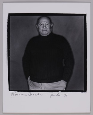 Anthony Barboza (American, born 1944). <em>Romare Bearden</em>, 1976. Gelatin silver print, 19 3/4 x 15 7/8 in. (50.2 x 40.3 cm). Brooklyn Museum, Purchased with funds given by the Horace W. Goldsmith Foundation, Harry Kahn, Mrs. Carl L. Selden, and an anonymous donor, 1995.39.2. © artist or artist's estate (Photo: Brooklyn Museum, 1995.39.2_PS20.jpg)