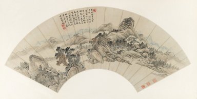 Tang Dai (Chinese, 1673-1754 or later). <em>Autumn Mountains, for Jichang (Chi-ch'ang)</em>, 1739. Fan painting, ink and light color on iridescent paper, Fan: 7 7/16 x 22 1/16 in. (18.9 x 56 cm). Brooklyn Museum, Purchased with funds given by the Joseph Hotung Family in memory of Stanley J. Love, 1995.8. Creative Commons-BY (Photo: Brooklyn Museum, 1995.8_IMLS_PS3.jpg)
