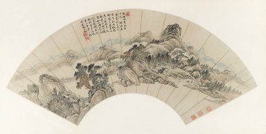 Tang Dai (Chinese, 1673–1754 or later). <em>Autumn Mountains, for Jichang (Chi-ch'ang)</em>, 1739. Fan painting, ink and light color on iridescent paper, Fan: 7 7/16 x 22 1/16 in. (18.9 x 56 cm). Brooklyn Museum, Purchased with funds given by the Joseph Hotung Family in memory of Stanley J. Love, 1995.8. Creative Commons-BY (Photo: Brooklyn Museum, 1995.8_IMLS_PS3.jpg)