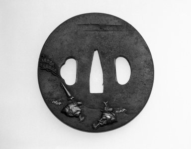 Nukagawa Yasunori (Japanese). <em>Tsuba (Sword Guard) with the Design of "Tamagawa" Scene from the Tale of Ise</em>, ca. 1800. Iron with gold, silver, copper and iroe, height: 2 3/4 in. Brooklyn Museum, Gift of the J. Aron Charitable Foundation, Inc. in memory of Jack R. Aron, 1995.9.1. Creative Commons-BY (Photo: Brooklyn Museum, 1995.9.1_view1_bw.jpg)