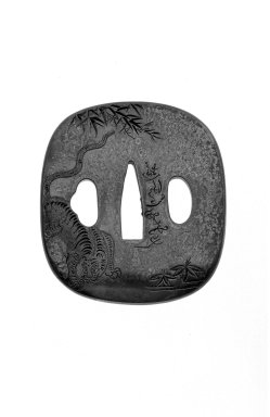  <em>Tsuba (Sword Guard)</em>, ca. 1875. Copper alloys, lp: 3 3/9 in. Brooklyn Museum, Gift of the J. Aron Charitable Foundation, Inc. in memory of Jack R. Aron, 1995.9.9. Creative Commons-BY (Photo: Brooklyn Museum, 1995.9.9_view1_bw.jpg)