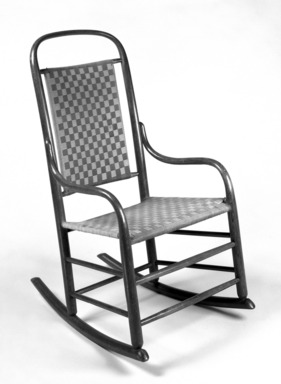 Grove M. Harwood. <em>Rocking Chair</em>, Design Patent February 23, 1875. Wood and original wool blend tape seat and back, 36 7/8 x 20 1/8 x 27 1/2 in.  (93.7 x 51.1 x 69.9 cm). Brooklyn Museum, Maria L. Emmons Fund, 1995.97. Creative Commons-BY (Photo: Brooklyn Museum, 1995.97_bw.jpg)