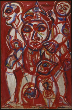 Herbert Gentry (American, 1919-2003). <em>Centered and Friends</em>, 1990. Acrylic on canvas, 52 x 34in. (132.1 x 86.4cm). Brooklyn Museum, Gift of Mr. and Mrs. Bert N. Mitchell, Oyster Bay, New York, 1996.148. © artist or artist's estate (Photo: Brooklyn Museum, 1996.148_SL3.jpg)