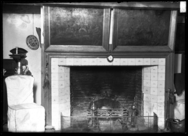 Daniel Berry Austin (American, born 1863, active 1899-1909). <em>Schenck-Crooke House, Dining Room Fireplace, Showing 69 Old Dutch Tiles (Since Removed)</em>, ca. 1898. Gelatin silver glass dry plate negative Brooklyn Museum, Brooklyn Museum/Brooklyn Public Library, Brooklyn Collection, 1996.164.1-603 (Photo: , 1996.164.1-603_glass_bw_SL4.jpg)