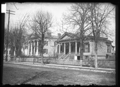 Daniel Berry Austin (American, born 1863, active 1899-1909). <em>Old school House and Colonial Northwest, 18 Avenue between 82 and 83 Streets, New Utrecht</em>, April 1, 1906. Gelatin silver glass dry plate negative Brooklyn Museum, Brooklyn Museum/Brooklyn Public Library, Brooklyn Collection, 1996.164.1-644 (Photo: , 1996.164.1-644_glass_bw_SL4.jpg)