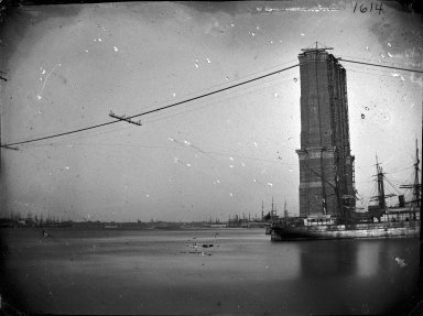 George Bradford Brainerd (American, 1845-1887). <em>Construction of Brooklyn Bridge</em>, ca. 1872-1887. Glass plate negative, 3 1/4 x 4 1/4 in. (8.3 x 10.8 cm). Brooklyn Museum, Brooklyn Museum/Brooklyn Public Library, Brooklyn Collection, 1996.164.2-1614 (Photo: Brooklyn Museum, 1996.164.2-1614_glass_bw_SL1.jpg)