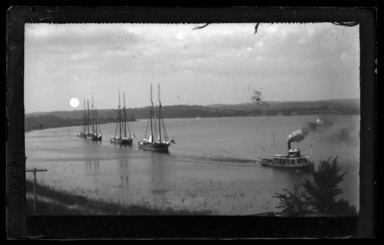 George Bradford Brainerd (American, 1845-1887). <em>Tow Boat and Three Sail Boats, Deep River, Connecticut</em>, ca. 1872-1887. Collodion silver glass wet plate negative Brooklyn Museum, Brooklyn Museum/Brooklyn Public Library, Brooklyn Collection, 1996.164.2-1836 (Photo: , 1996.164.2-1836_glass_bw_SL1.jpg)