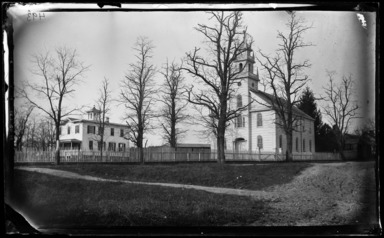 George Bradford Brainerd (American, 1845–1887). <em>Church and Academy, Smithtown, Long Island</em>, ca. 1872–1887. Collodion silver glass wet plate negative, 8 x 5. Brooklyn Museum, Brooklyn Museum/Brooklyn Public Library, Brooklyn Collection, 1996.164.2-493 (Photo: Brooklyn Museum, 1996.164.2-493_glass_bw_SL5.jpg)