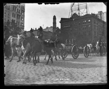 Edgar S. Thomson (American, active 1890s-1900s). <em>First Battery National Guard State of New York on Parade, 23rd Street and 5th Avenue</em>, 1896. Gelatin silver glass dry plate negative Brooklyn Museum, Brooklyn Museum/Brooklyn Public Library, Brooklyn Collection, 1996.164.7-28 (Photo: , 1996.164.7-28_glass_bw_SL4.jpg)