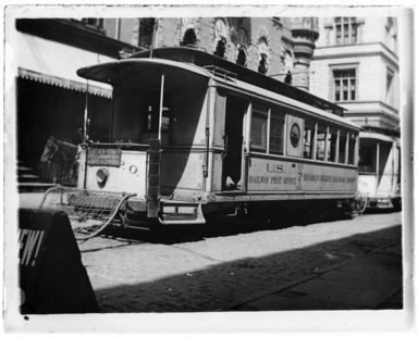 Edgar S. Thomson (American, active 1890s-1900s). <em>Post Office Trolley, Traveling Post Office Service</em>, 1896. Gelatin silver glass dry plate negative Brooklyn Museum, Brooklyn Museum/Brooklyn Public Library, Brooklyn Collection, 1996.164.7-97 (Photo: , 1996.164.7-97_glass_bw_SL4.jpg)