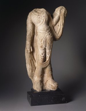  <em>Torso of a Bodhisattva</em>, 7th–8th century. Limestone, traces of polychrome, 13 x 22 x 6 x 23 1/2 in., 36.5 lb. (33 x 55.9 x 15.2 x 59.7 cm, 16.56kg). Brooklyn Museum, Gift of Mr. and Mrs. Robert L. Poster, 1996.217. Creative Commons-BY (Photo: Brooklyn Museum, 1996.217_SL1.jpg)