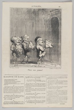 Honoré Daumier (French, 1808-1879). <em>Place aux Jeunes!</em>, February 9, 1870. Lithograph on newsprint, Sheet: 16 13/16 x 11 1/4 in. (42.7 x 28.6 cm). Brooklyn Museum, Gift of Shelley and David Garfinkel, 1996.225.118 (Photo: Brooklyn Museum, 1996.225.118_PS2.jpg)