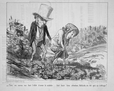 Honoré Daumier (French, 1808-1879). <em>All These Grapes Seem to Have Fallen Ill... (Tous ces raisins me font l'effet d'avoir la maladie...)</em>, November 7, 1853. Lithograph on newsprint, Sheet: 9 13/16 x 14 in. (24.9 x 35.5 cm). Brooklyn Museum, Gift of Shelley and David Garfinkel, 1996.225.14 (Photo: Brooklyn Museum, 1996.225.14.jpg)