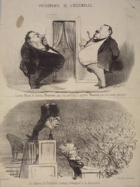 Honoré Daumier (French, 1808-1879). <em>Lucien Murat and Antony Thouron....The Hat of the President....(Lucien Murat et Antony Thouron...Le Chapeau du Président....)</em>, December 18, 1849. Lithograph on newsprint, 11 3/4 × 8 3/4 in. (29.8 × 22.2 cm). Brooklyn Museum, Gift of Shelley and David Garfinkel, 1996.225.4 (Photo: Brooklyn Museum, 1996.225.4.jpg)
