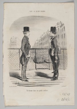 Honoré Daumier (French, 1808-1879). <em>A Man in an Embarrassing Position (Un homme dans ses petit souliers)</em>, October 5, 1849. Lithograph on newsprint, Sheet (Uneven): 14 5/8 x 10 3/16 in. (37.1 x 25.9 cm). Brooklyn Museum, Gift of Shelley and David Garfinkel, 1996.225.65 (Photo: Brooklyn Museum, 1996.225.65_PS2.jpg)