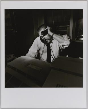 Larry Fink (American, born 1941). <em>Broker, Bear Stearns, NYC</em>, April 1991. Gelatin silver print, image: 14 1/2 x 14 in. (36.8 x 35.6 cm). Brooklyn Museum, Gift of Robert L. Smith, 1996.243.5. © artist or artist's estate (Photo: Brooklyn Museum, 1996.243.5_PS20.jpg)