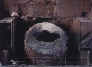 Patricia Layman Bazelon (American, born England, 1933-1995). <em>Basic Oxygen Furnace Interior: Vessel on Changing Platform</em>, n.d. Silver dye bleach print (cibachrome), image/sheet: 40 x 30 in. (101.6 x 76.2 cm). Brooklyn Museum, Purchase gift of Connie and Henry Christensen, 1996.246.5. © artist or artist's estate (Photo: Brooklyn Museum, 1996.246.5.jpg)