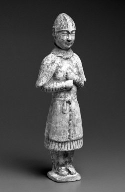  <em>Tomb Figure of a Khotanese Soldier</em>, 618-906. Buff earthenware with polychrome decoration, 14 1/2 x 5 x 2 5/8 in. (36.8 x 12.7 x 6.7cm). Brooklyn Museum, Purchased with funds given by Marina Zazanis in honor of Ruth Dickes, 1996.25. Creative Commons-BY (Photo: Brooklyn Museum, 1996.25_bw.jpg)