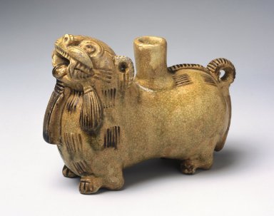  <em>Vessel in the Form of a Mythological Animal</em>, 265-316 C.E. Yue ware, stoneware, glaze, 4 1/4 x 6 1/8 x 2 3/4 in. (10.8 x 15.6 x 7cm). Brooklyn Museum, Gift of Dr. and Mrs. George J. Fan, 1996.26.10. Creative Commons-BY (Photo: Brooklyn Museum, 1996.26.10_SL1.jpg)