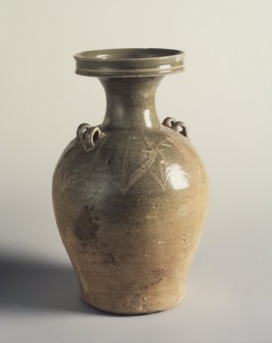  <em>Vase with Flaring Mouth, Yue Ware</em>, ca. 4th-5th century. Glazed stoneware, height: 9 3/4 in. Brooklyn Museum, Gift of George and Katharine Fan, 1996.26.14. Creative Commons-BY (Photo: Brooklyn Museum, 1996.26.14_transp6051.jpg)