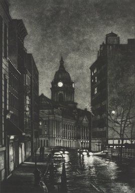 Frederick Mershimer (American, born 1958). <em>Cleveland Place</em>, 1990. Mezzotint on paper, sheet: 14 9/16 x 11 1/16 in. (37.0 x 28.1 cm). Brooklyn Museum, Gift of the Estate of John Halverson, 1997.128.2. © artist or artist's estate (Photo: Brooklyn Museum, 1997.128.2.jpg)