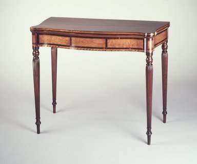 Unknown. <em>Card Table</em>, ca. 1800. Mahogany, birdseye maple veneer and wood inlay, white pine, 29 1/2 x 36 1/4 x 117 3/4 in. (73.9 x 92.7 x 45.8 cm). Brooklyn Museum, Matthew Scott Sloan Collection, Gift of Lidie Lane Sloan McBurney, 1997.150.14. Creative Commons-BY (Photo: Brooklyn Museum, 1997.150.14_transp688.jpg)