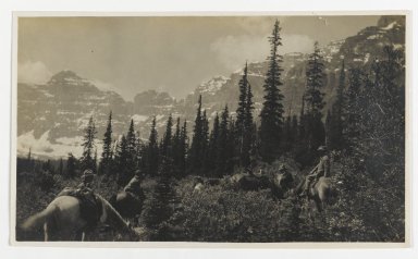 Unknown. <em>[Untitled] (Horseback Rider near Forest in the Rocky Mountains)</em>, ca. 1900. Gelatin silver print, 5 1/4 x 3 1/8 in. (13.3 x 8.0 cm). Brooklyn Museum, Gift of Sasha Nyary and Family, 1997.163.9 (Photo: Brooklyn Museum, 1997.163.9_PS2.jpg)