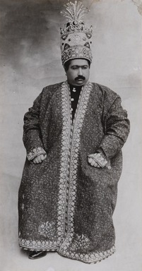  <em>Studio Portrait of Muhammad 'Ali Shah Wearing the Kayanid Crown, One of 274 Vintage Photographs</em>, ca. 1907. Gelatin silver photograph, 6 9/16 x 3 7/16 in.  (16.7 x 8.7 cm). Brooklyn Museum, Purchase gift of Leona Soudavar in memory of Ahmad Soudavar, 1997.3.100 (Photo: Brooklyn Museum, 1997.3.100_PS11.jpg)