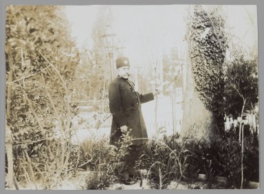  <em>Mozaffar al-Din Shah in a Garden, One of 274 Vintage Photographs</em>, late 19th–early 20th century. Gelatin silver printing out paper, 4 5/8 x 6 5/16 in.  (11.7 x 16.0 cm). Brooklyn Museum, Purchase gift of Leona Soudavar in memory of Ahmad Soudavar, 1997.3.123 (Photo: Brooklyn Museum, 1997.3.123_IMLS_PS3.jpg)